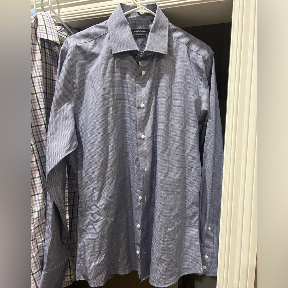 Indochino Blue Plaid Slim Fit Spread Collar Dress Shirt